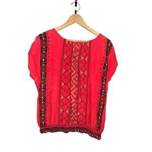 APT. 9 Red Boho Embroidered‎ Top Elastic Hem Short Sleeve Blouse Women’s M